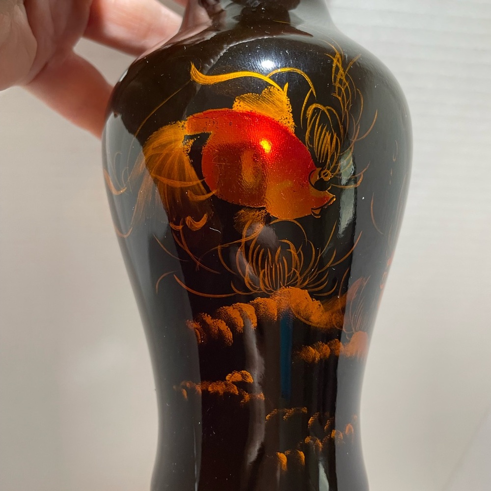 Vintage Japanese Black Lacquerware 8.5 Inch Vase Hand Painted Orange Koi Fish